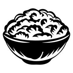 Stylized bowl of food featuring what may be rice or mashed potatoes