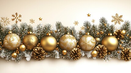 Fototapeta premium Festive golden ornaments & winter foliage arrangement