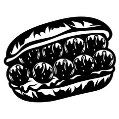 Detailed monochrome illustration of a meatball sub sandwich with dripping sauce