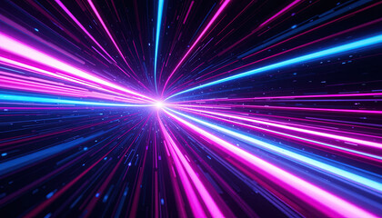 Obraz premium Digital illustration of vibrant neon light rays converging to a central point, creating a sense of speed and cosmic energy.