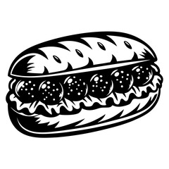 Delicious meatball sub sandwich in black and white stylized illustration.