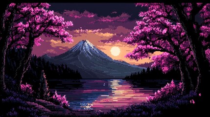 Pixelated pink blossoms frame a serene mountain vista at sunset.
