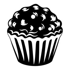 High Contrast Black and White Cupcake Illustration with Berry Toppings Design