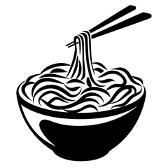 Graphic image of a bowl of noodles with chopsticks in black and white