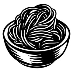 Black and white illustration of a bowl overflowing with spaghetti noodles