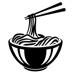 Black and white illustration of a bowl of noodles with chopsticks