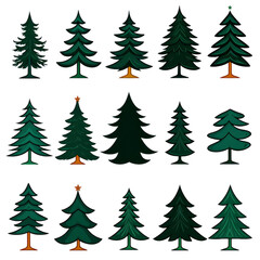 collection of various stylized evergreen trees, each with unique shapes and shades of green, is displayed rows. trees vary size and design, showcasing different artistic interpretations