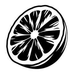 A stylish black and white monochrome illustration of a citrus fruit slice
