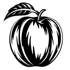 Stylized Black and White Illustration of a Fresh Apple with a Leaf