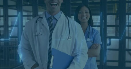 Male doctor and female nurse holding medical tools in hospital, showing animated ECG heartbeat line - Powered by Adobe