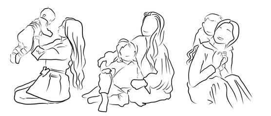 Mom's day 02 May line art. Postcard or banner cover design featuring minimalist mother figures made of modern abstract lines. Set of silhouettes of mothers with babies. Line art. Vector illustration 