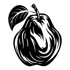 Stylized monochrome pear illustration with leaf and intricate design elements