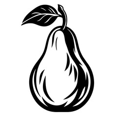 Black and White Pear Illustration Featuring One Leaf on a White Background