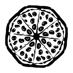 Black and white drawing of a whole pepperoni pizza with eight slices