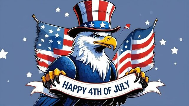Patriotic bald eagle with Uncle Sam hat holding flag beneath curved ribbon with Happy 4th of July, cartoon style illustration