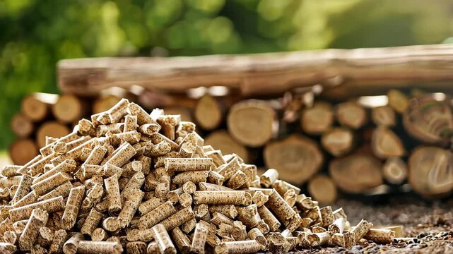 A stack of biomass wood pellets forms a neat pile, with a background of a woodpile, Ai Generated.