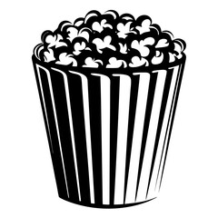 Striking monochromatic illustration of a overflowing striped popcorn bucket on white backdrop