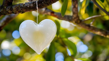 White Glass Heart Hanging on Tree Branch in Sunlight Nature Romantic