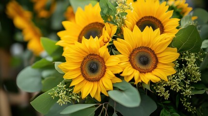 Obraz premium Vibrant bouquet of sunflowers, accented with greenery.
