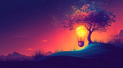 Illuminated Nature: A Glowing Bulb Under a Vibrant Tree at Sunset