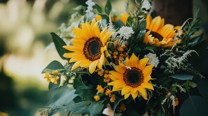 Vibrant sunflower bouquet with greenery and wildflowers.