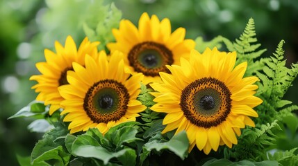 Fototapeta premium Vibrant yellow sunflowers in a lush floral arrangement.