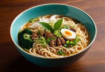 Grilled bowl noodles with meat broccoli and eggs