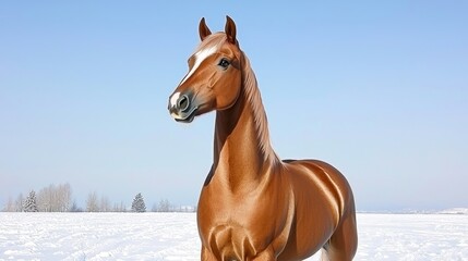 Fototapeta premium Chestnut Horse in Snowy Winter Field