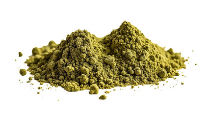 A close-up of a pile of matcha powder on a transparent background, showing its granular texture and vibrant green color.