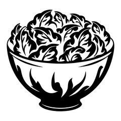 Monochrome bowl of dark leafy greens with artistic and vector illustration