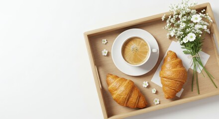 Overhead shot of a wooden tray featuring coffee, croissants, and baby's breath flowers, radiating a cozy breakfast aesthetic.