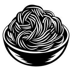 Monochrome illustration of a bowl overflowing with tangled strands of spaghetti pasta
