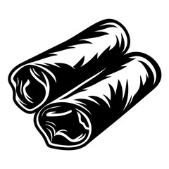 Two stylized spring rolls or egg rolls stacked in a black and white illustration