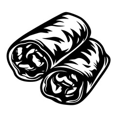 Monochrome depiction of two fried spring rolls Asian cuisine delicacy