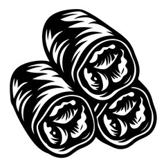 Monochrome illustration of three stacked chimichangas, burritos, or similar food items