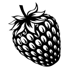 Monochrome illustration of a vibrant strawberry with seeds and leaves