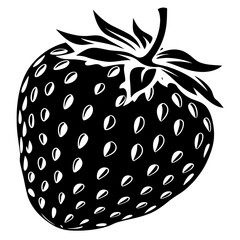 Stylized black and white strawberry illustration showcasing its distinctive shape and seeds