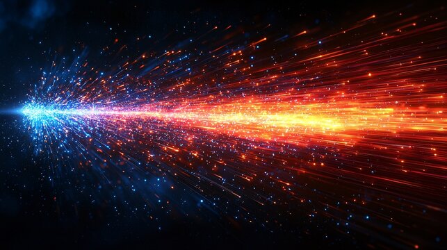 abstract glowing arrow made of fiber optic lines, bursting upward on a gradient black to deep blue background, concept of rapid innovation