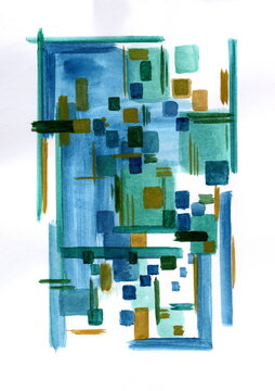 This is an abstract watercolor work done in cool and calm tones. The composition is dominated by rectangular and square shapes overlapping each other. The main colors are blue, green, turquoise.