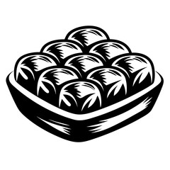 A basket full of dumpling looking balls rendered in black and white