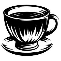 Elegant monochrome illustration of a coffee cup with stylized details and saucer
