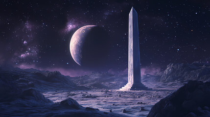 Monument with a lunar backdrop and celestial elements. Lunar Obelisk. Illustration