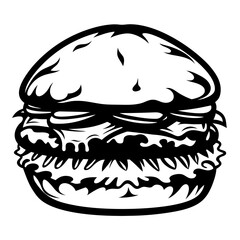Monochrome depiction of a delicious looking burger with several layers of fillings