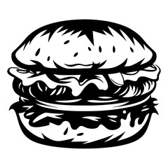 Black and white graphic illustration of a delicious looking beef burger