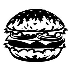 Detailed Black and White Burger Illustration with Sesame Seed Bun Design