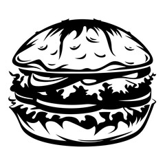 Bold black and white graphic illustration of a delicious juicy burger
