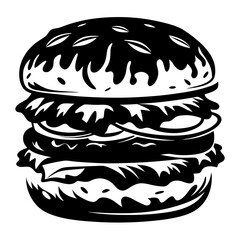 Monochrome Illustration of a Delicious Burger with Multiple Layers of Toppings