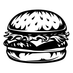 Bold black and white illustration of a delicious and appetizing burger