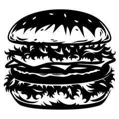 Monochrome illustration of a delicious looking burger with plenty of toppings