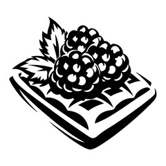 Stylized Monochrome Image of Waffle with Blackberries and Leaf Garnishment Isolated